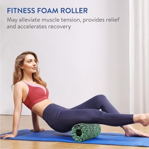 Rola cilindru pentru masaj, Everest Fitness, din spuma EPP, pentru yoga, pilates, fitness, relaxare musculara, 30 x 15 cm, genta depozitare, ghid exercitii, Negru/Verde - Img 2