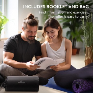 Rola cilindru pentru masaj, Everest Fitness, din spuma EPP, pentru yoga, pilates, fitness, relaxare musculara, 30 x 15 cm, genta depozitare, ghid exercitii, Negru/Mov - Img 5