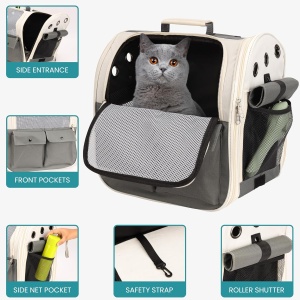 Rucsac transport animale de companie Belle Vous, 36 x 24 x 34 cm, cu plasa de aerisire, 2 buzunare, material oxford, Alb/Gri - Img 3
