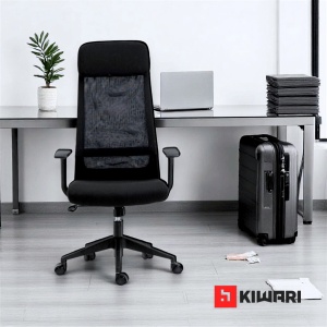 Scaun birou Kiwari Nur, cadru metalic, suport lombar, brate fixe, mecanism fluture, lift gaz si roti nylon, suprafata textil/plasa, Negru - Img 2
