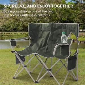 Scaun camping dublu Navaris, 2 locuri, 130 x 30 x 85 cm, pliabil, cotiere si suport pahare, buzunare depozitare, material Oxford, Verde - Img 5