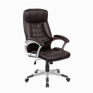 Scaun de birou ergonomic Kiwari® Eliot, spatar inalt, mecanism inclinabil cu reglaj pe gaz, rotatie 360°, brate late PP ergonomice, baza cromata stabila, roti nylon silentioase, tapiterie PU+PVC neteda, suporta 136 kg, Maro inchis