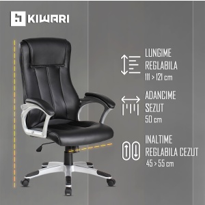 Scaun de birou ergonomic Kiwari® Noven, spatar inalt, mecanism inclinabil cu piston pe gaz, rotatie 360°, brate fixe PP, baza cromata, roti nylon silentioase, tapiterie PU+PVC, suporta 136 kg, Negru - Img 3