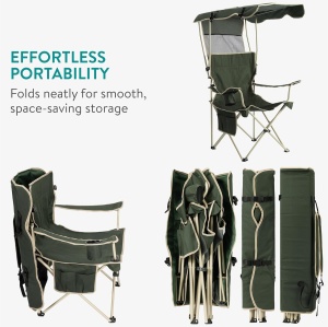 Scaun de camping Navaris, pliabil, cu parasoloar, cotiere si suport pentru pahar, 52 x 52 x 130 cm, material Oxford 600D, Verde - Img 4