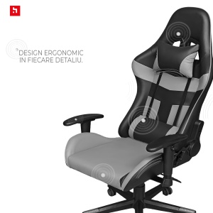 Scaun gaming Kiwari® Nova, spatar rabatabil 180°, brate 2D, perne lombara si cervicala, piele PU, negru/gri - Img 6