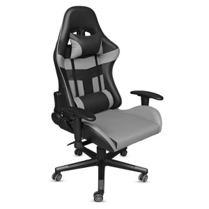 Scaun gaming Kiwari® Nova, spatar rabatabil 180°, brate 2D, perne lombara si cervicala, piele PU, negru/gri