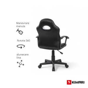 Scaun gaming Kiwari Klaus, material PU+PVC, cadru lemn, brate fixe, mecanism sus-jos, lift gaz, baza nylon, roti silentioase, spatar ergonomic, sezut confortabil, inaltime reglabila, Negru/Alb - Img 6