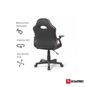 Scaun gaming Kiwari Ster, material PU, cadru lemn, baza nylon, inaltime reglabila, rotativ, Negru/Rosu - Img 6