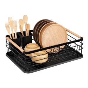 Scurgator de vase si tacamuri, 42.5 x 31.5 x 14 cm, din metal, manere din bambus, tava scurgere, suport detasabil pentru tacamuri, Negru - Img 2