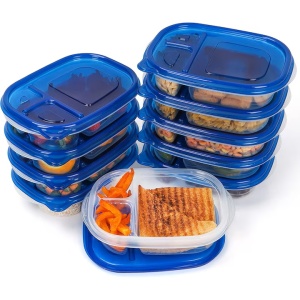 Set 10 caserole alimentare, FRESHLY CONTAINED, 3 compartimente, 780 ml, din plastic, fara BPA, capace etanse, reutilizabile, lavabile in masina de spalat vase, potrivite pentru cuptorul cu microunde si congelator, Albastru/Transparent