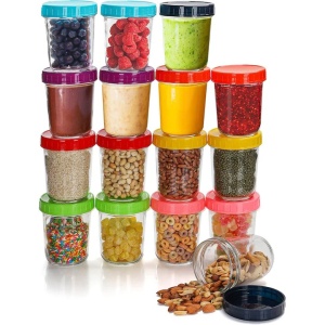 Set 16 borcane, Belle Vous, din sticla, 350 ml, capace colorate, etanse, fara BPA, pentru alimente, hrana bebelusi, condimente, Transparent