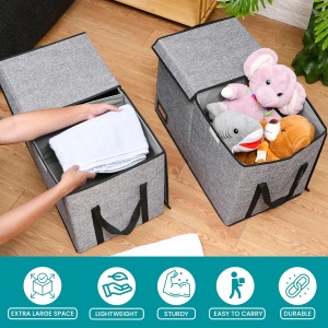 Set 2 Cutii depozitare Belle Vous, cu capac si separator, pliabile, depozitare jucarii, material textil tip in, 82 L, 63x33.5x40 cm, Gri - Img 2