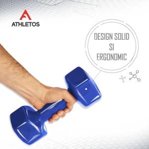 Set 2 gantere Athletos®, interior fonta, acoperire vinil, forma hexagonala, pentru antrenament cu greutati si fitness, Albastru - Img 7