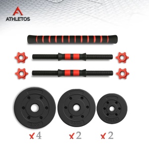 Set 2 gantere reglabile, Athletos®, 20 kg, (4x3, 2x2.5, 2x1.25Kg), bara conector inclusa, discuri ciment, multiple combinatii, Rosu/Negru - Img 10