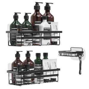 Set 2 Rafturi de dus si 1 sapuniera, Wilford & Sons, nu necesita gaurire, din otel inoxidabil, raft auto-adezive, negru mat, 12.5 x 32 x 8.2 cm