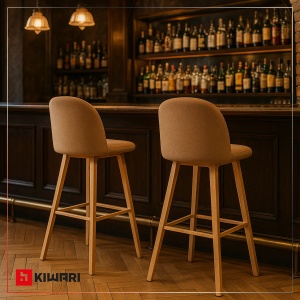 Set 2 scaune Bar/Bucatarie Kiwari® Tan, Inaltime 75 cm, Sezut Tapitat cu Material Textil, Picioare Metalice Aspect Lemn, Design Modern Bucatarie/Dining, Capacitate 120 kg, Maro - Img 3