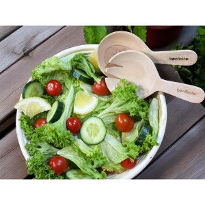 Set 2 ustensile pentru amestecat salata, Bonfesto®, lingura si furculita din lemn natural de Acacia, 15 x 8 x 1.5 cm - Img 3