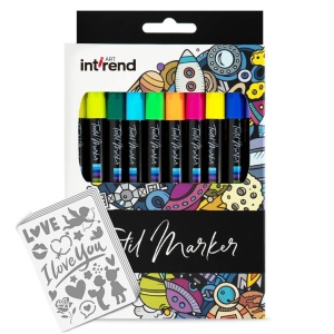 Set 20 markere colorate Intrend, cu 5 sabloane pentru pictura tricourilor, gentilor, lavabile din tesatura, incaltamintei sau alte materiale textile, 25 piese