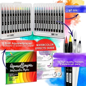 Set 24 carioci Tritart, Varf tip pensula, Caligrafice, 2 Pensule cu rezervor de apa, 15 coli, Multicolor - Img 3