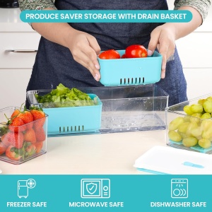Set 3 cutii depozitare alimente Belle Vous, din plastic fara BPA, depozitare frigider, pentru fructe si legume, capace etanse si tavi de scurgere detasabile, Albastru/Transparent - Img 2