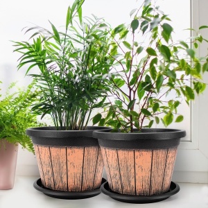 Set 3 ghivece pentru flori Belle Vous, 23 x 16 cm, design rustic tip butoi, 8.5 L, plastic, cu orificii de drenaj si tava, pentru interior/exterior, Maro/Negru - Img 7