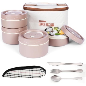 Set 4 cutii de pranz Belle Vous, din plastic si otel inoxidabil, cu capac etans, geanta termoizolanta si tacamuri, 350/550 ml, Maro