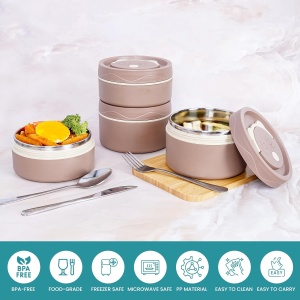 Set 4 cutii de pranz Belle Vous, din plastic si otel inoxidabil, cu capac etans, geanta termoizolanta si tacamuri, 350/550 ml, Maro - Img 4