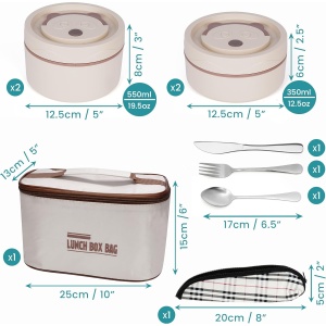 Set 4 cutii pentru pranz Belle Vous, 350-550 ml, tacamuri, geanta termica pentru transport, 25 x 13 x 15 cm, Otel, Crem - Img 2