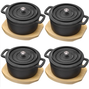 Set 4 mini oale din fonta Navaris, 14 cm, cu capac, suport din lemn, compatibile inductie/cuptor/gratar, rezistente la temperaturi ridicate, Negru