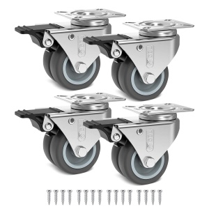 Set 4 roti duble pivotante GBL, 50 mm, pivotante 360°, sarcina maxima de incarcare 200kg, sistem de franare, poliuretan, Gri