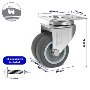 Set 4 roti duble pivotante GBL, 50 mm, pivotante 360°, sarcina maxima de incarcare 200kg, poliuretan, Gri - Img 2
