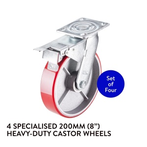Set 4 roti pivotante pentru transport roti GBL, 200 mm, sarcina maxima de incarcare 1520 kg, rotatie 360°, cauciuc PU, 2 roti cu frane, Argintiu/Rosu - Img 5