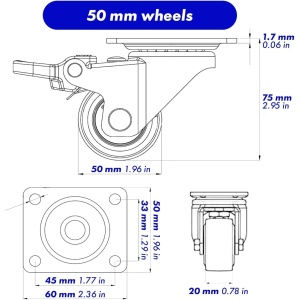 Set 4 roti universale GBL pentru transport, 50 mm, pivotante 360°, cu 4 frane, sarcina 200 kg, poliuretan, Argintiu/Negru - Img 3