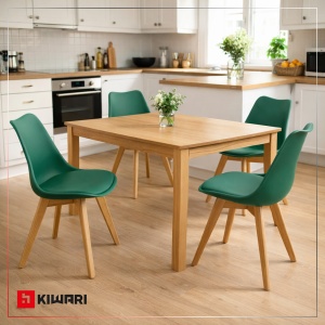 Set 4 Scaune Living/Bucatarie/Bar Kiwari® Riv, Sezut PP cu Pernuta PU, Picioare Lemn Fag, Inaltime Sezut 48 cm, Design Modern, Capacitate 120 kg, Verde - Img 2