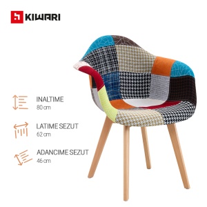 Set 4 Scaune Living/Bucatarie Kiwari® Milo Patchwork, Sezut Spuma, Picioare Lemn Fag, Inaltime Sezut 46 cm, Design Modern, Capacitate 120 kg, Multicolor - Img 5