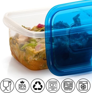 Set 51 caserole alimentare, FRESHLY CONTAINED, cu capace etanse, reutilizabile, diverse dimensiuni, din plastic, fara BPA, lavabile in masina de spalat vase, potrivite pentru cuptorul cu microunde si congelator, Albastru/Transparent - Img 4