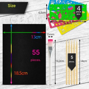 Set 55 planse razuibile cu efect curcubeu Tritart, 13 x 19 cm, Sablon, Creioane, Autocolante, Pensule, Negru - Img 4