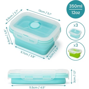 Set 6 caselore pliabile Kurtzy, din silicon alimentar, capac etans, 350 ml, rezistente la cuptor/microunde/congelator, Verde/Albastru - Img 6