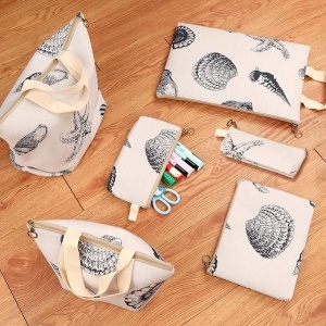 Set 6 genti de dama, Belle Vous, din bumbac, cu fermoar, potivite pentru calatorii, imprimeu scoici, Bej - Img 2