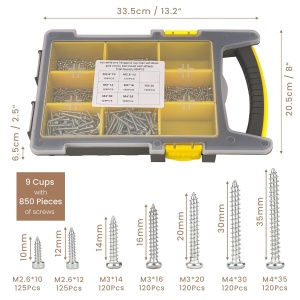 Set 850 de suruburi autofiletante Belle Vous, M2.6–M4, pentru lemn, metal si reparatii, cutie organizatoare, din otel, cap hexagonal si plat, Argintiu - Img 6