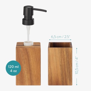 Set accesorii baie Navaris, 3 piese, dispenser sapun lichid, suport periute dinti si sapuniera, din lemn de acacia, rezistent la umezeala, Maro inchis - Img 5