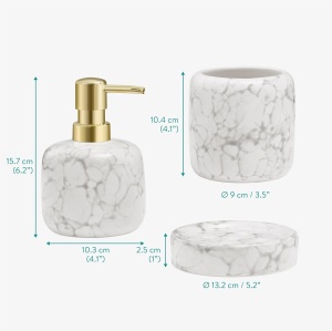Set accesorii baie Navaris, 3 piese, dispenser sapun lichid, suport periute dinti si sapuniera, design marmura, din ceramica, Alb - Img 2