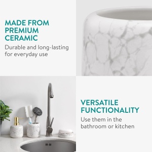 Set accesorii baie Navaris, 3 piese, dispenser sapun lichid, suport periute dinti si sapuniera, design marmura, din ceramica, Alb - Img 6