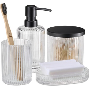 Set accesorii baie Navaris, 4 piese, dispenser sapun lichid, suport periute dinti, sapuniera, recipient depozitare, din sticla, design modern, Transparent
