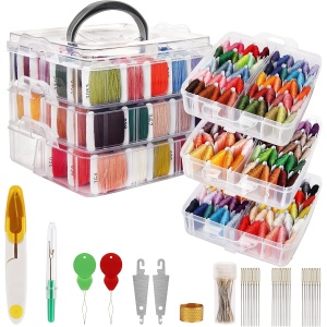 Set ata de broderie, Handi Stitch, 150 fire colorate, polieste/bumbac, 30 ace, organizator transparent 14.5 x 14.5 x 13 cm, accesorii, Multicolor