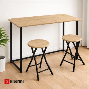 Set Bucatarie/Bar masa cu 2 scaune Kiwari® Fab, 90×45×74 cm, 2 scaune Ф 30 x 45 cm, MDF/Metal, Design Compact, Bej - Img 6