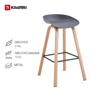Set de 2 Scaune de Bar/Bucatarie Kiwari® Nok, Sezut PP, Picioare Metalice cu Aspect Lemn, Stil Modern Bucatarie/Dining, Inaltime 72 cm, Capacitate 120 kg, Gri - Img 4