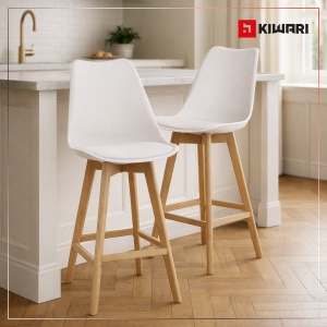 Set de 2 Scaune de Bar/Bucatarie Kiwari® Sama, Sezut PP, Picioare Lemn Fag, Design Modern Bucatarie/Dining, Inaltime 68 cm, Capacitate 120 kg, Alb - Img 2