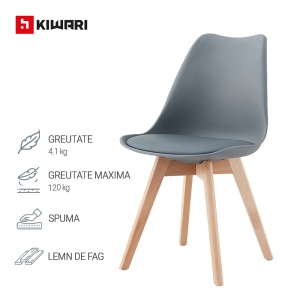 Set de 4 Scaune de Dining/Living Kiwari® Riv, Sezut PP cu Pernuta PU, Picioare Lemn Fag, Design Modern, Inaltime Sezut 48 cm, Capacitate 120 kg, Gri - Img 10