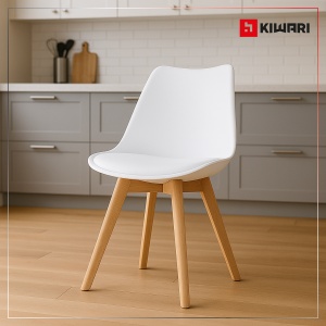 Set de 4 Scaune Kiwari® Kit, Sezut cu Pernuta PU, Picioare Lemn Fag, Design Modern Dining/Living, Inaltime Sezut 48 cm, Capacitate 120 kg, Alb - Img 6